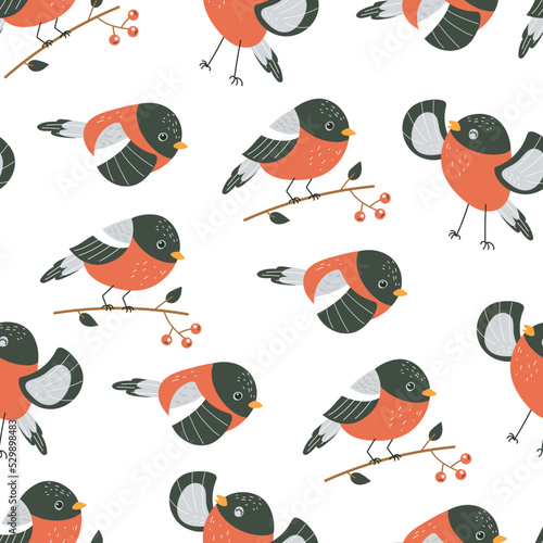 Bullfinch birds forest animal seamless endless pattern background cover abstract concept. Graphic design cartoon illustration