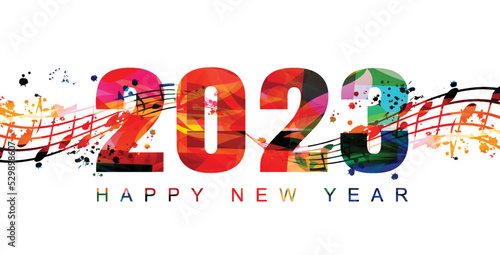 Happy 2023 New Year colorful vector illustration. Happy New Year banner with musical notes for seasonal holiday greeting cards, flyers and party invitations	
