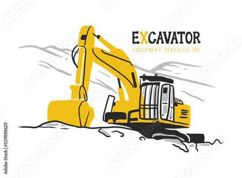 Vector illustration of hand drawn big excavator digging the ground in the mountains