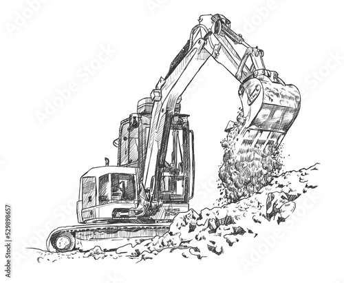 Illustration of a big excavator dredging the ground, hand drawn vector sketch
