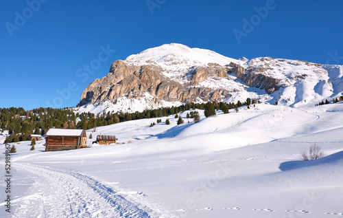 mountains in val di fassa in winter, with snow