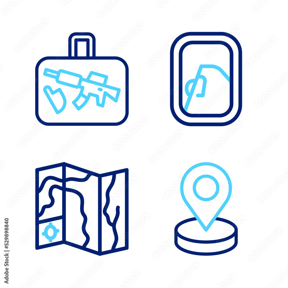 Set line Location, World travel map, Airplane window and Suitcase icon. Vector Set line Location, World travel map, Airplane window and Suitcase icon. Vector