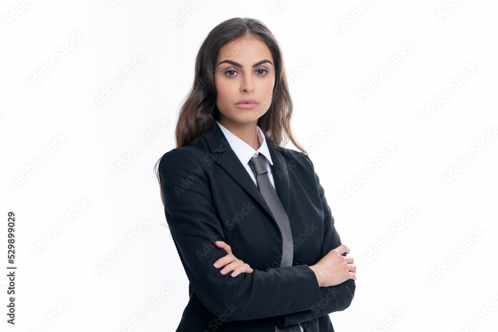 Portrait of business woman in suit crossed arms. Confidence businesswoman against grey background with copy space. Female employee young secretary. Beautiful businesswoman. Portrait of business woman in suit crossed arms. Confidence businesswoman against grey background with copy space. Female employee young secretary. Beautiful businesswoman.