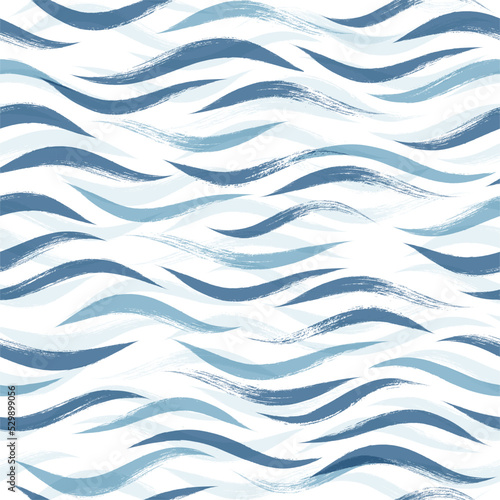 Seamless Wave Pattern, Hand drawn water sea modern vector background. Wavy beach brush stroke, curly grunge paint lines, watercolor illustration