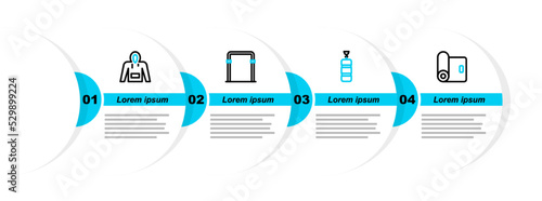 Set line Fitness mat roll, Punching bag, Sport horizontal bar and Hoodie icon. Vector