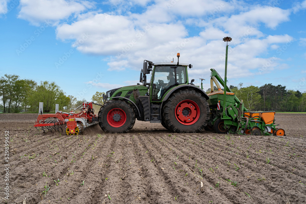 Grüner Traktor mit landwirtschaftlichen Geräte beim Maislegenauf einen Feld. Grüner Traktor mit landwirtschaftlichen Geräte beim Maislegenauf einen Feld.