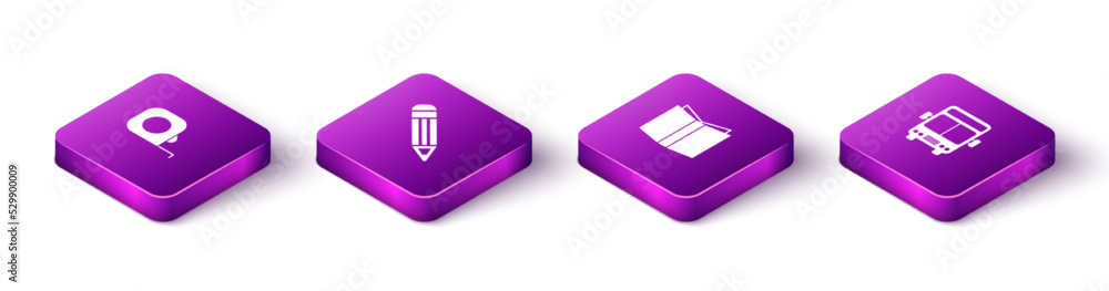 Set Isometric Roulette construction, Pencil, Open book and Bus icon. Vector Set Isometric Roulette construction, Pencil, Open book and Bus icon. Vector