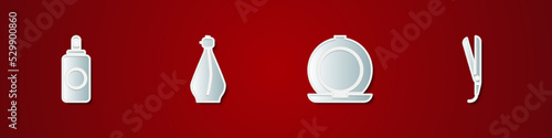 Set Spray can, Perfume, Makeup powder with mirror and Curling iron icon. Vector