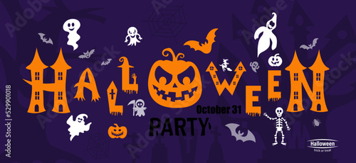 Halloween lettering with flying bats  pumpkin  ghost  web. Vector illustration