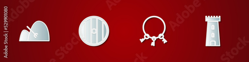 Set Bale of hay and rake, Round wooden shield, Old keys and Castle tower icon. Vector
