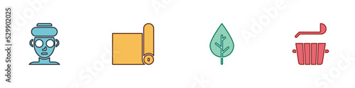 Set Facial cosmetic mask, Fitness mat roll, Leaf and Sauna bucket and ladle icon. Vector