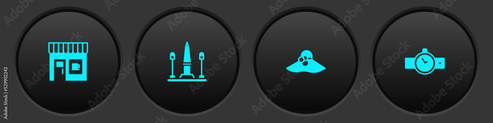 Set Coffee shop, Place De La Concorde, Elegant women hat and Wrist watch icon. Vector Set Coffee shop, Place De La Concorde, Elegant women hat and Wrist watch icon. Vector