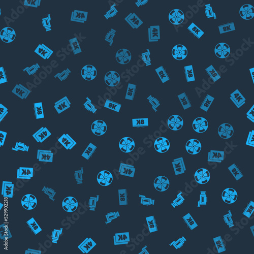 Set Cinema camera, Film reel, Screen tv with 8k and 4k Ultra HD on seamless pattern. Vector