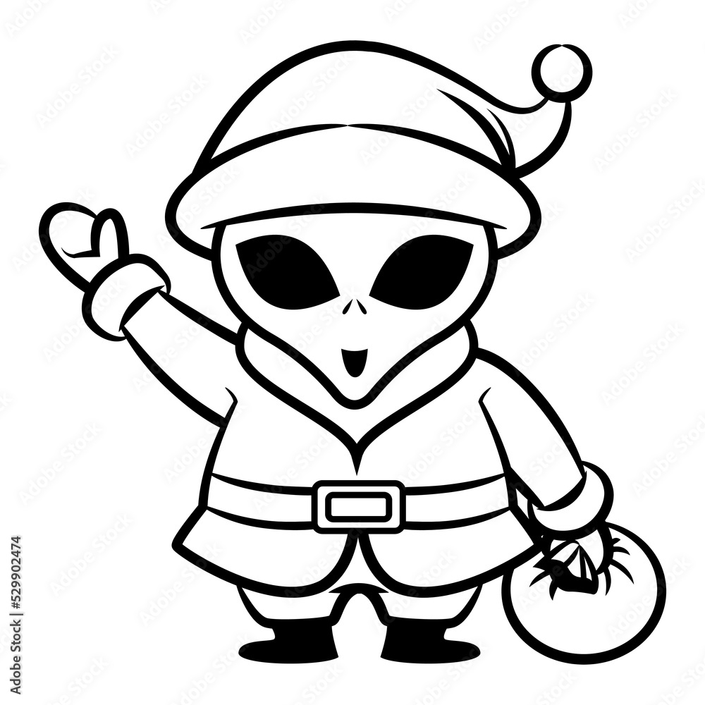 Cartoon illustration of Alien wearing Santa claus costume, greeting and carrying a bag of gift, best for sticker, mascot, and coloring book with christmas themes