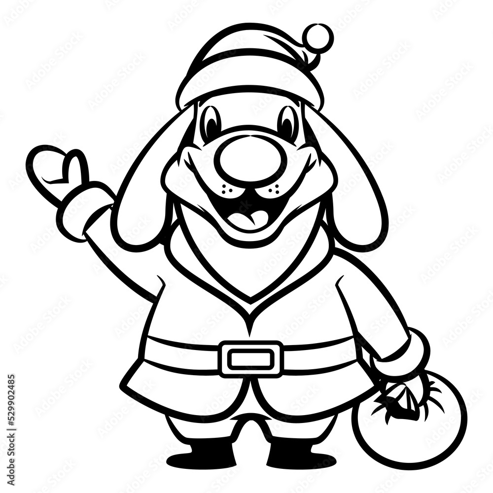 Cartoon illustration of Dog wearing Santa claus costume, greeting and carrying a bag of gift, best for sticker, mascot, and coloring book with christmas themes
