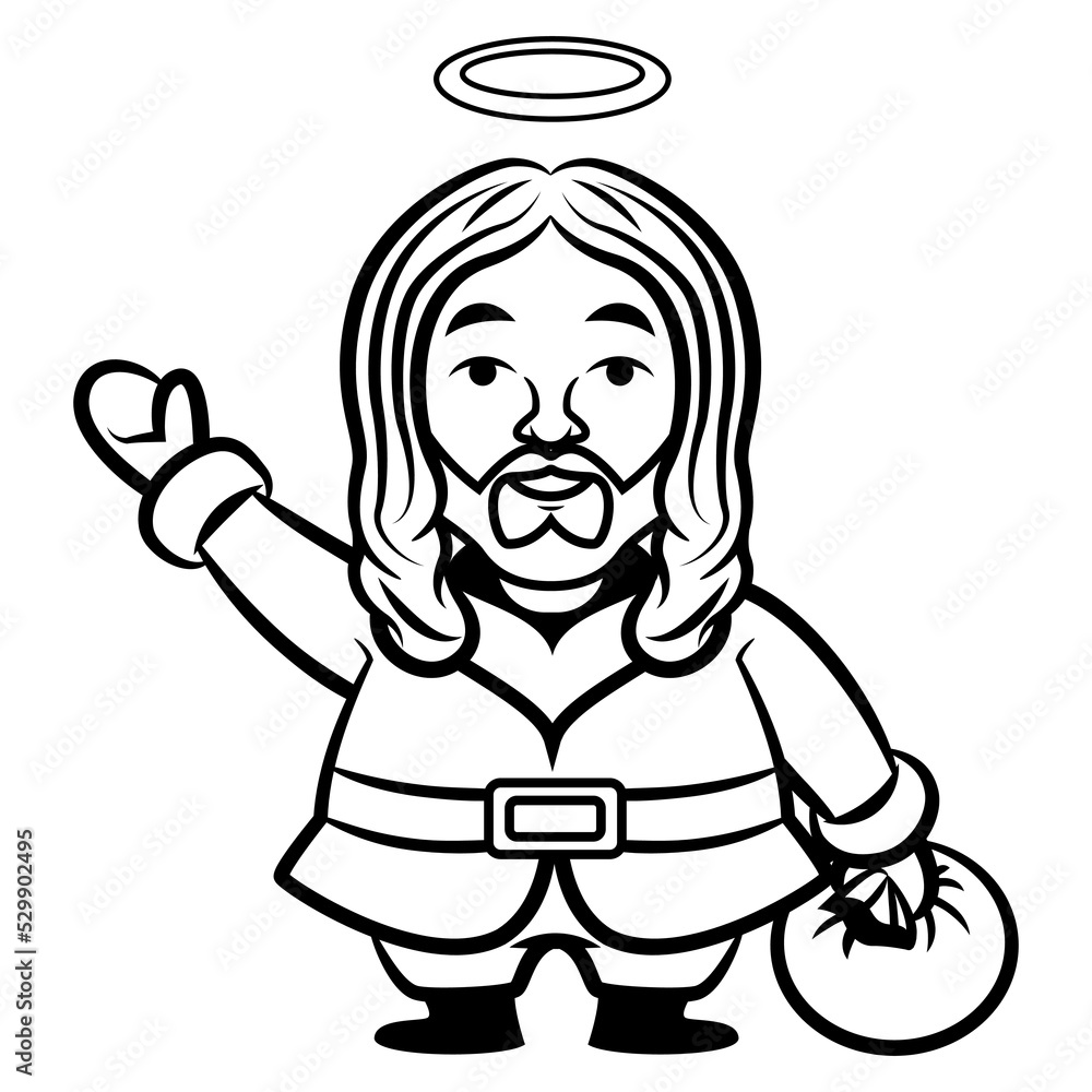 Cartoon illustration of jesus wearing Santa claus costume, greeting and carrying a bag of gift, best for sticker, mascot, and coloring book with christmas themes Cartoon illustration of jesus wearing Santa claus costume, greeting and carrying a bag of gift, best for sticker, mascot, and coloring book with christmas themes