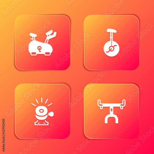 Set Stationary bicycle, Unicycle or one wheel, Bicycle bell and handlebar icon. Vector