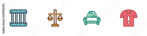 Set Prison window, Scales of justice, Police car and flasher and T-shirt protest icon. Vector