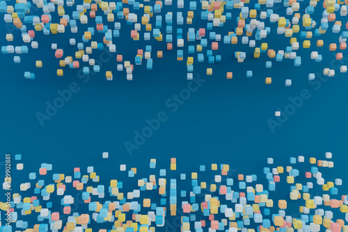Colorful abstract geometric 3d background with random cubes elements. Blue palette of colors. Luxury abstract background. Horizontal size. 3d rendering illustration.