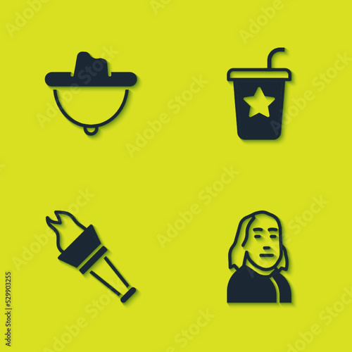 Set Western cowboy hat, Benjamin Franklin, Torch flame and Paper glass with straw icon. Vector