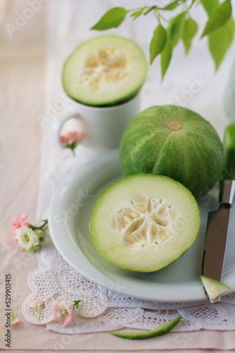 Sicilian round barattiere cucumber, Cucumis melo a variety of musk melon from southern Italy. healthy eating concept, vegetarian, vegan diet. photo