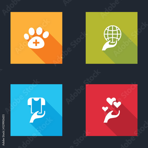 Set Veterinary clinic, Hand holding Earth globe, Clothes donation and Heart hand icon. Vector
