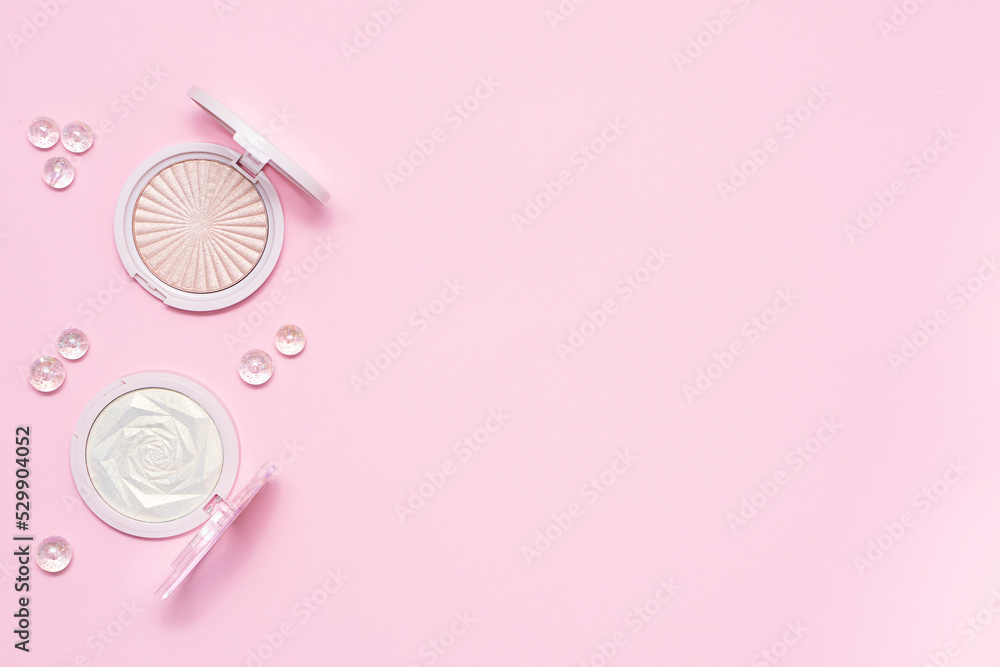 Minimalism style composition with luxury cosmetic products and shining decorations on light pink background with copy space for your design. Cosmetic sale and promo banner. Minimalism style composition with luxury cosmetic products and shining decorations on light pink background with copy space for your design. Cosmetic sale and promo banner.