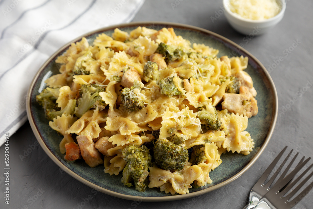 Homemade One-Pot Creamy Chicken and Broccoli Pasta on a Plate, side view. Homemade One-Pot Creamy Chicken and Broccoli Pasta on a Plate, side view.
