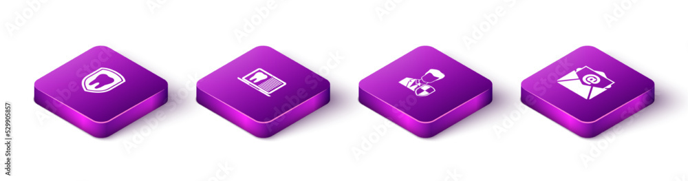 Set Isometric Dental protection, Laptop with dental card, User and Mail and e-mail icon. Vector Set Isometric Dental protection, Laptop with dental card, User and Mail and e-mail icon. Vector