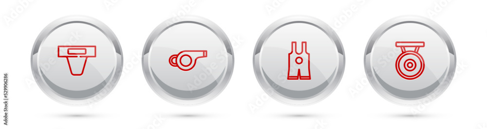 Set line Groin guard, Whistle, Wrestling singlet and Gong. Silver circle button. Vector Set line Groin guard, Whistle, Wrestling singlet and Gong. Silver circle button. Vector