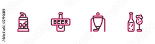 Set line Bottle opener, Beer brewing process, bottle and and glass icon. Vector