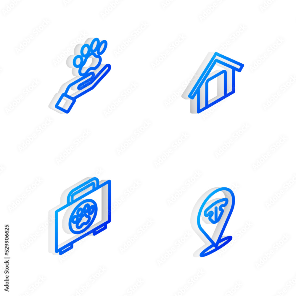 Set Isometric line Dog house, Hands with animals footprint, Pet first aid kit and Cat nose icon. Vector Set Isometric line Dog house, Hands with animals footprint, Pet first aid kit and Cat nose icon. Vector