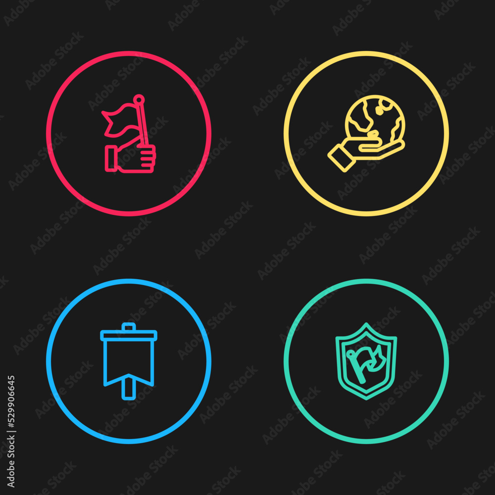 Set line Flag, Shield with flag, Hand holding Earth globe and icon. Vector Set line Flag, Shield with flag, Hand holding Earth globe and icon. Vector