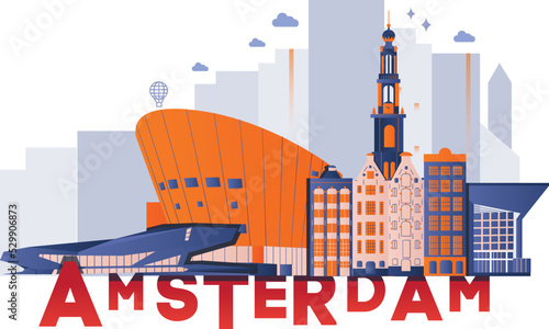 Typography word "Amsterdam" branding technology concept. Collection of flat vector web icons. Culture travel set, famous architectures and specialties detailed silhouette. European famous landmark.
