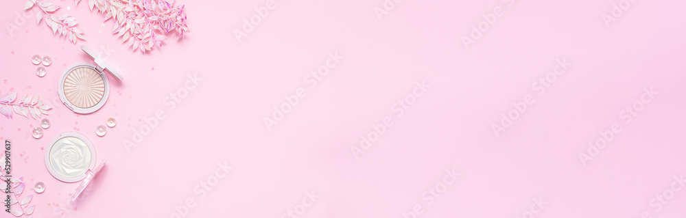 Long wide banner with shining decorative cosmetic products and beautiful festive decorations on light pink background. Copy space for your design. Cosmetic sale and promo banner.