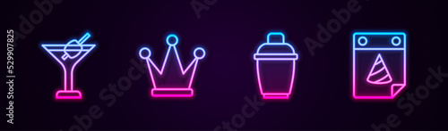 Set line Martini glass, Crown, Cocktail shaker and Calendar party. Glowing neon icon. Vector
