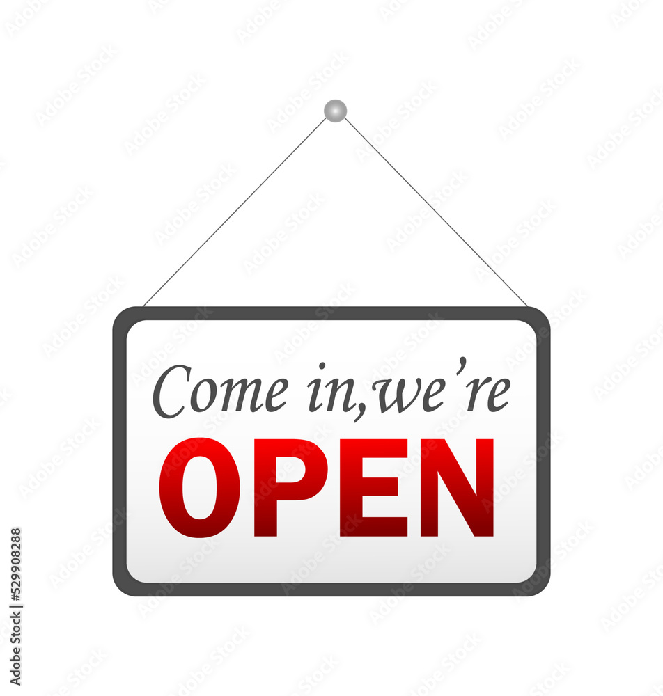 Button with come open. Banner with sign come open on white background for promotion design. Sale special offer. Vector isolated illustration. Button with come open. Banner with sign come open on white background for promotion design. Sale special offer. Vector isolated illustration.