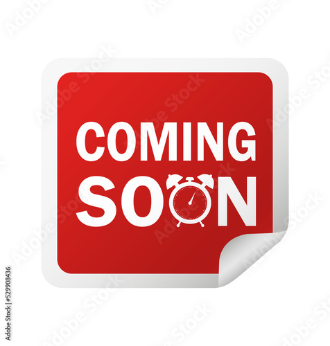 Red coming soon sticker on white background for promotion design. Vintage label. Round button. Vector icon.