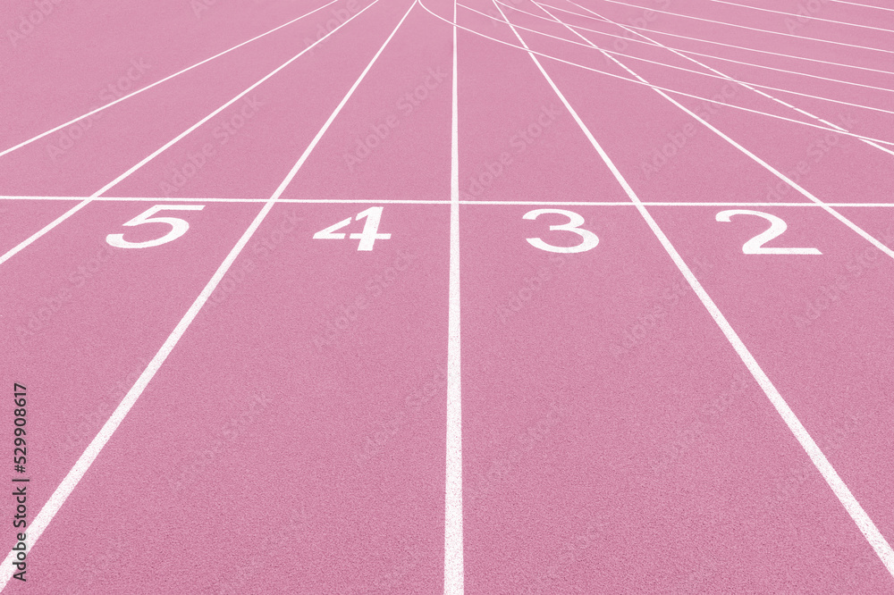 Pink track and field lanes and numbers. Running lanes at a track and field athletic center. Horizontal sport theme poster, greeting cards, headers, website and app