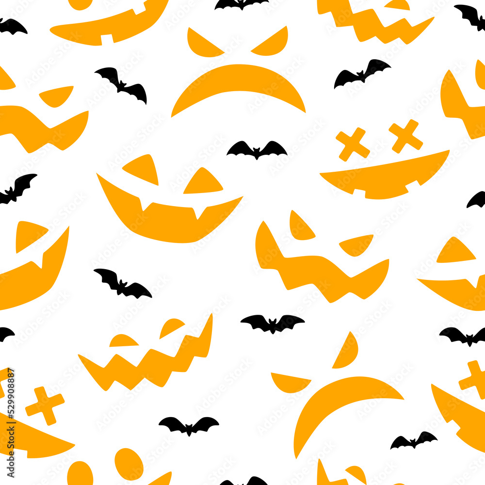 Fototapeta premium Halloween pumpkins carved faces silhouettes seamless pattern with bats on a white background. Scary and funny faces of Halloween pumpkin or ghost. Vector illustration.