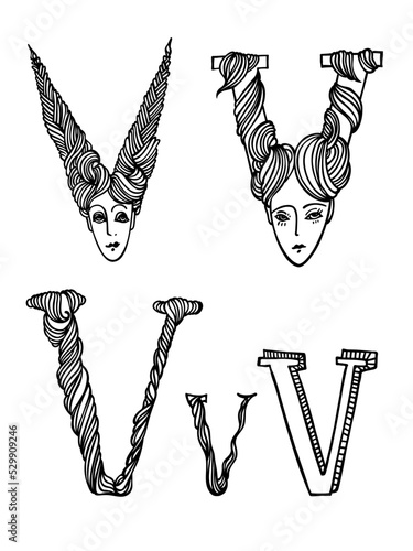 Art letter V, like woman face. Vector black and white illustration