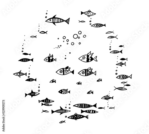 Cartoon flying fish set, vector black and white illustration