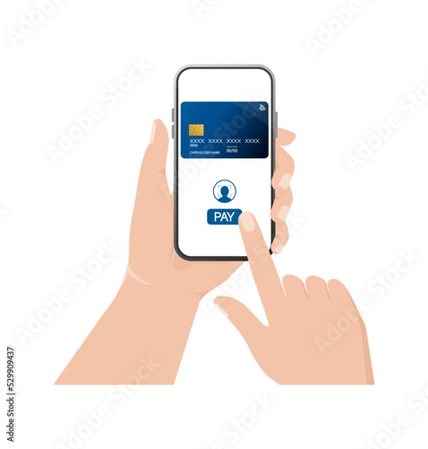 Hand with smartphone. Abstract online payment for mobile device design. Online transaction.