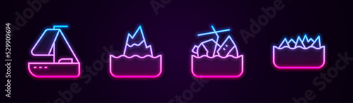 Set line Yacht sailboat, Iceberg, Sinking cruise ship and Sharp stone reefs. Glowing neon icon. Vector