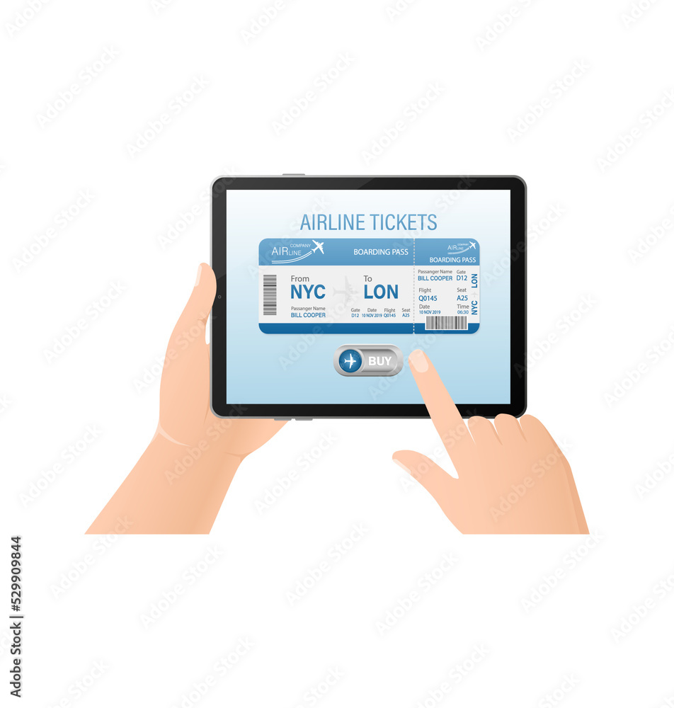 Airline tickets online with hands and tablet in flat style. Isolated vector illustration. Airline tickets online with hands and tablet in flat style. Isolated vector illustration.