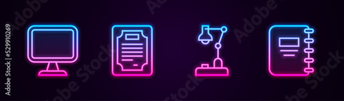 Set line Computer monitor, Certificate template, Table lamp and Notebook. Glowing neon icon. Vector
