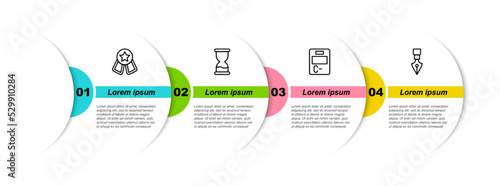 Set line Medal with star, Old hourglass, Exam paper incorrect answers and Fountain pen nib. Business infographic template. Vector