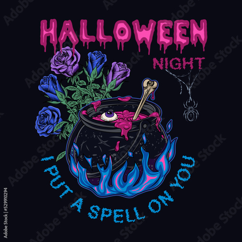 Label with witch cauldron with bubbling pink liquid, magic blue fire, bone, roses, spider, text Halloween Night, I put spell on you Magic potion, symbol of witchcraft. Vintage style. CMYK blue colors