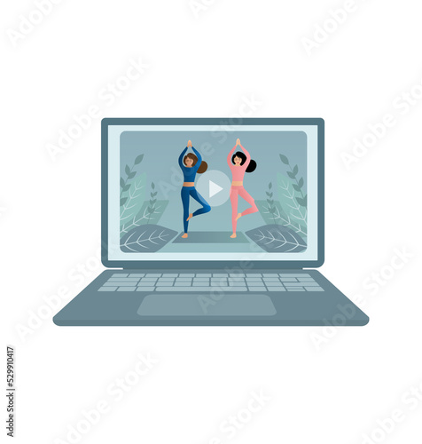 Woman doing yoga fitness exercises on laptop screen. Beautiful woman doing yoga at home from online class yoga. Vector illustration.