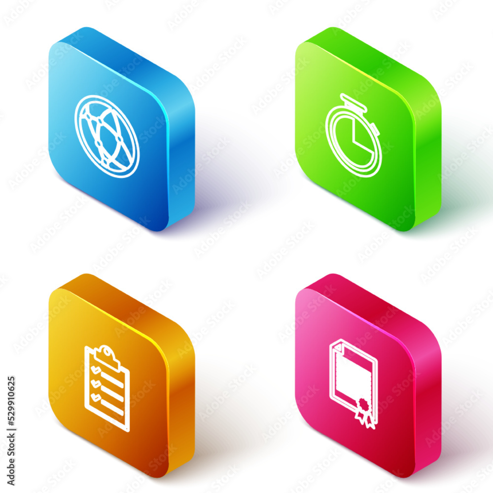 Set Isometric line Social network, Stopwatch, Clipboard with checklist and Certificate template icon. Vector Set Isometric line Social network, Stopwatch, Clipboard with checklist and Certificate template icon. Vector